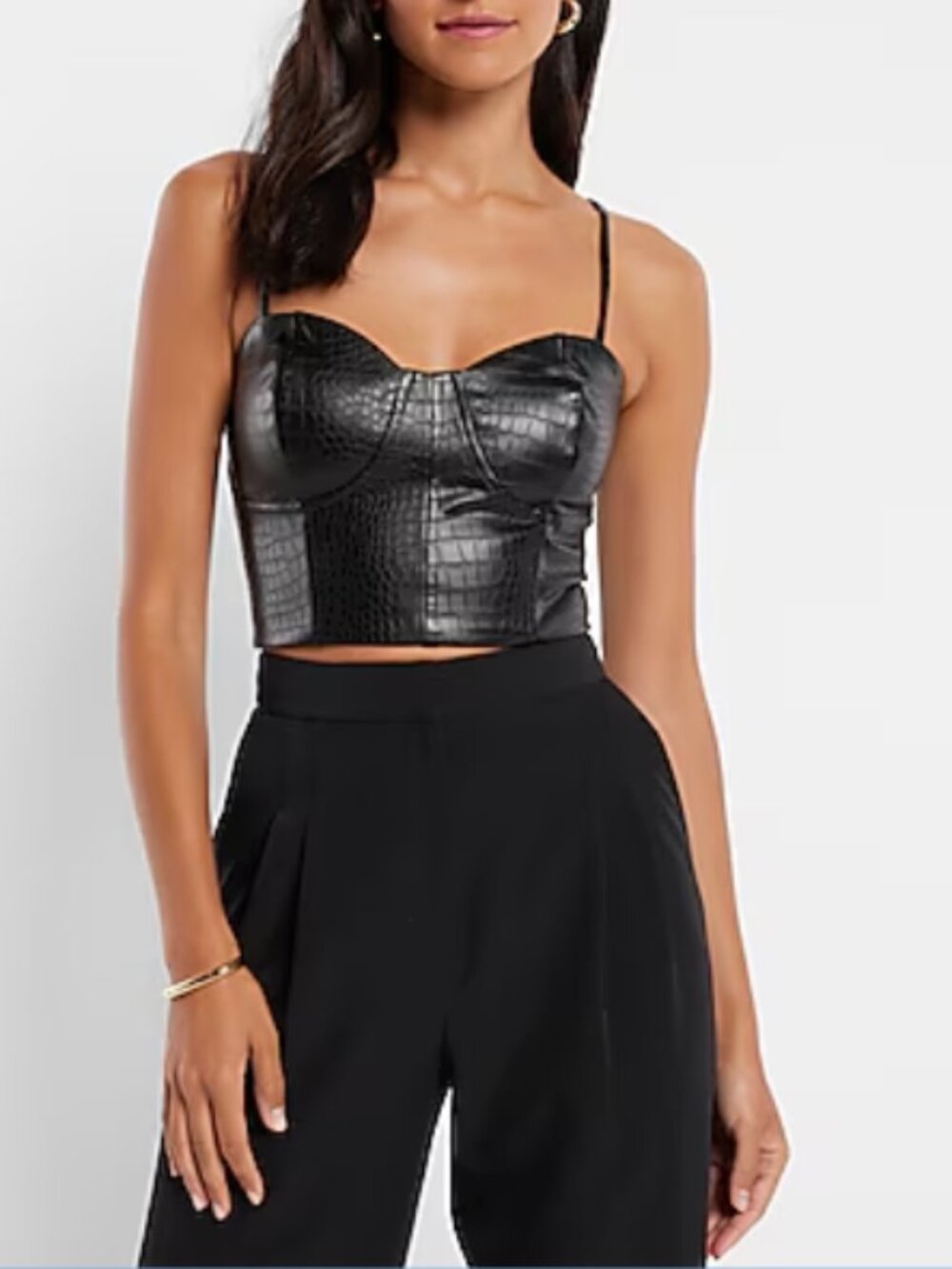 Express Body Contour Croc Faux Leather Corset Cropped Top Cami Black NWT Size L